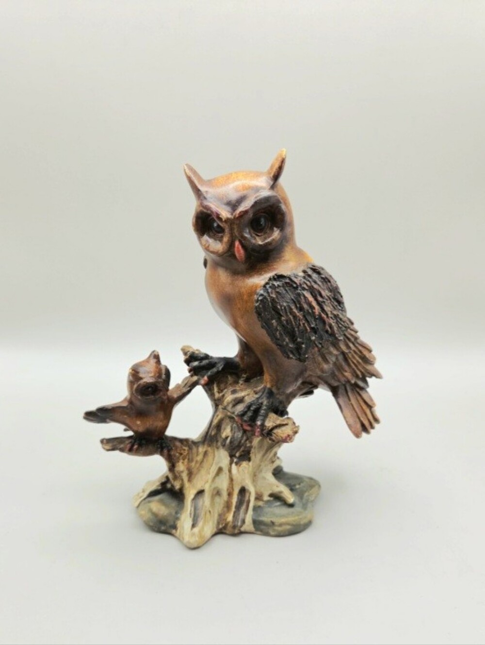 Rustic Brown Owl & Owlet Figurine on Tree Stump